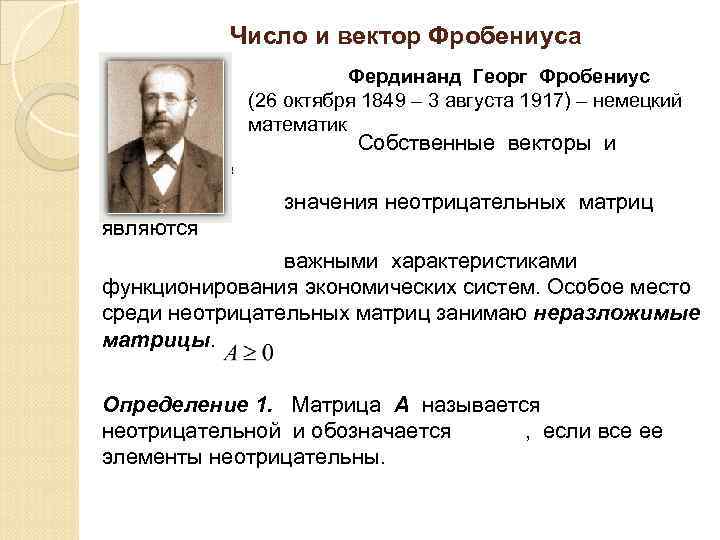 Число и вектор Фробениуса Фердинанд Георг Фробениус (26 октября 1849 – 3 августа 1917)