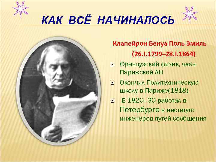КАК ВСЁ НАЧИНАЛОСЬ Клапейрон Бенуа Поль Эмиль (26. I. 1799– 28. I. 1864) Французский