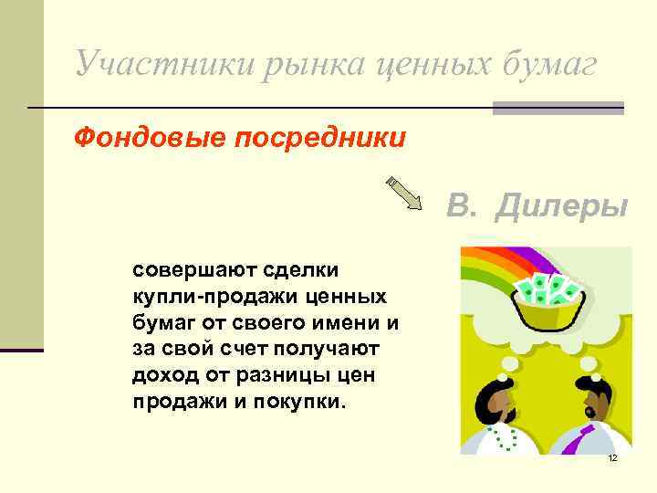 Участники рынка ценных бумаг Фондовые посредники В. Дилеры совершают сделки купли-продажи ценных бумаг от