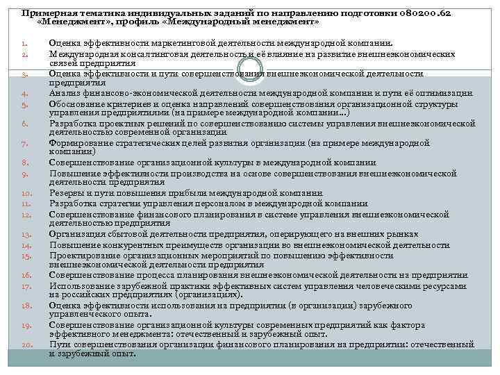 Примерная тематика индивидуальных заданий по направлению подготовки 080200. 62 «Менеджмент» , профиль «Международный менеджмент»