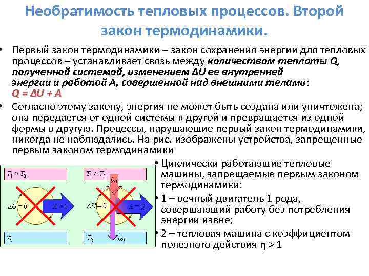 Необратимость тепловых процессов. Второй закон термодинамики. • Первый закон термодинамики – закон сохранения энергии