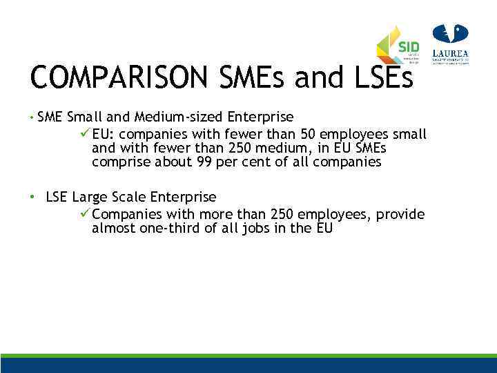 COMPARISON SMEs and LSEs • SME Small and Medium-sized Enterprise ü EU: companies with