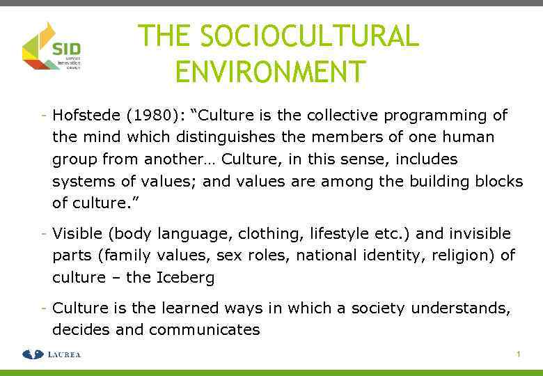 THE SOCIOCULTURAL ENVIRONMENT - Hofstede (1980): “Culture is the collective programming of the mind