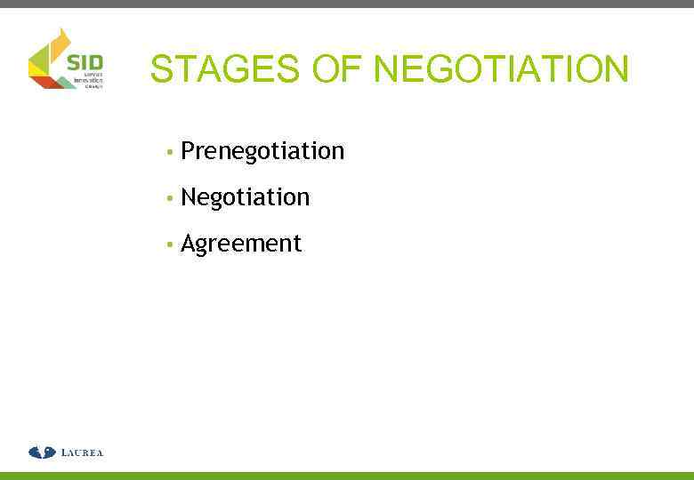 STAGES OF NEGOTIATION • Prenegotiation • Negotiation • Agreement 
