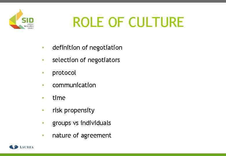 ROLE OF CULTURE • definition of negotiation • selection of negotiators • protocol •