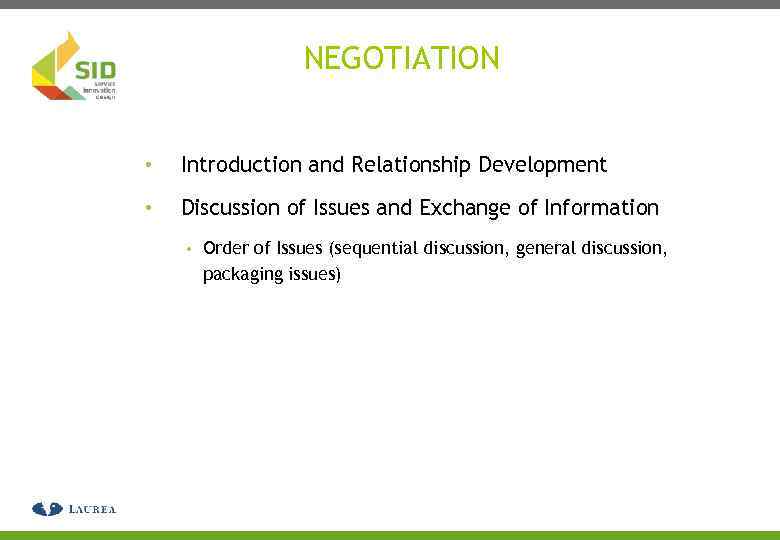 NEGOTIATION • Introduction and Relationship Development • Discussion of Issues and Exchange of Information