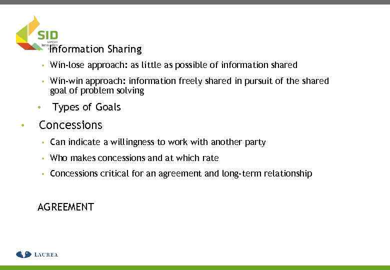  • Information Sharing • Win-lose approach: as little as possible of information shared