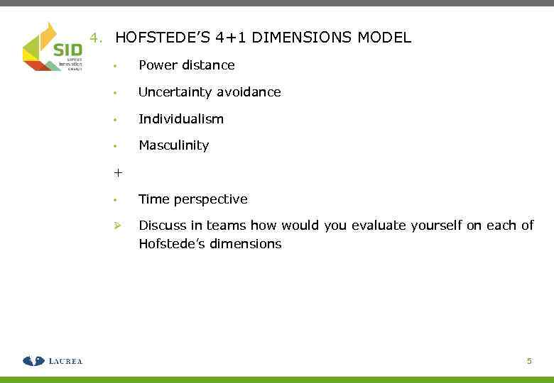 4. HOFSTEDE’S 4+1 DIMENSIONS MODEL • Power distance • Uncertainty avoidance • Individualism •