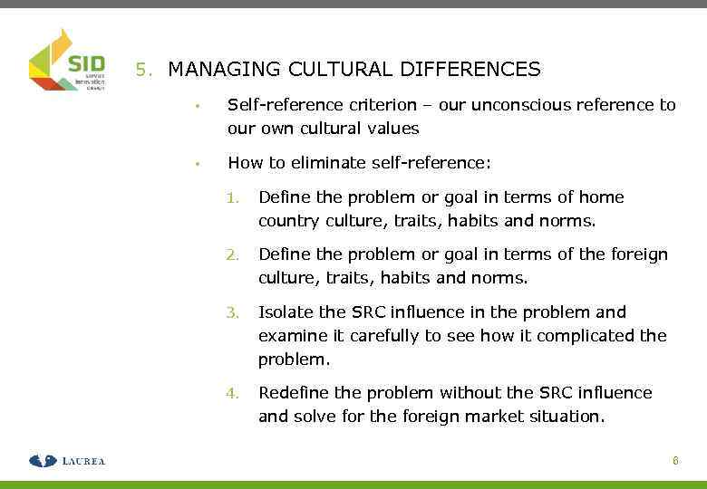 5. MANAGING CULTURAL DIFFERENCES • Self-reference criterion – our unconscious reference to our own