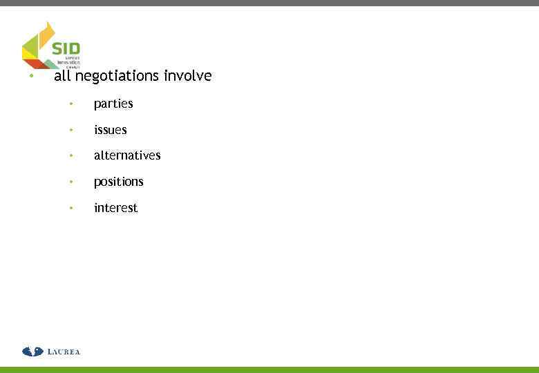  • all negotiations involve • parties • issues • alternatives • positions •