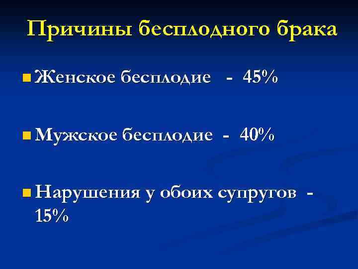 Причины бесплодного брака n Женское бесплодие - 45% n Мужское бесплодие - 40% n