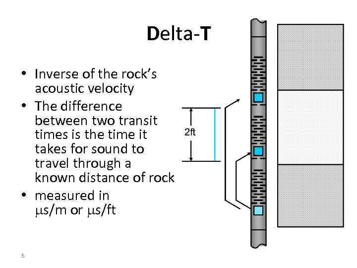 Delta-T • Inverse of the rock’s acoustic velocity • The difference between two transit