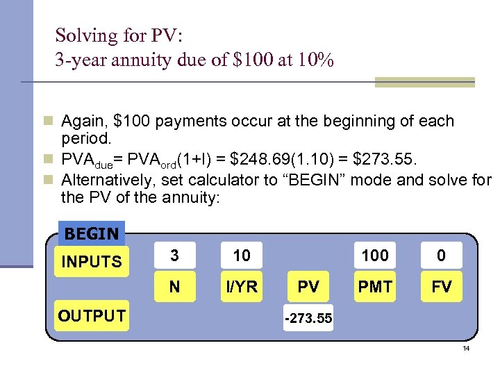 Solving for PV: 3 -year annuity due of $100 at 10% n Again, $100