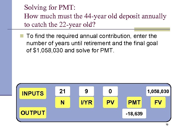 Solving for PMT: How much must the 44 -year old deposit annually to catch