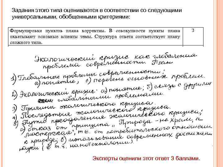 Задания этого типа оцениваются в соответствии со следующими универсальными, обобщенными критериями: Формулировки пунктов плана