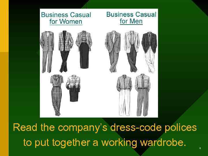 Read the company’s dress-code polices to put together a working wardrobe. 4 