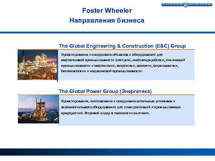 Foster Wheeler Направления бизнеса The Global Engineering & Construction (E&C) Group Проектирование и сооружение