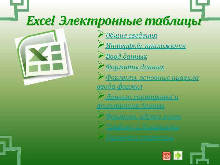 Excel Электронные таблицы ØОбщие сведения ØИнтерфейс приложения ØВвод данных ØФорматы данных ØФормулы, основные правила