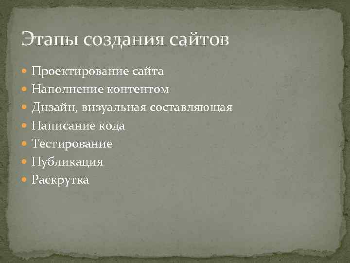 Этапы создания сайтов Проектирование сайта Наполнение контентом Дизайн, визуальная составляющая Написание кода Тестирование Публикация