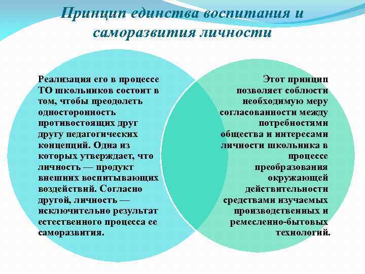 Принцип единства воспитания и саморазвития личности Реализация его в процессе ТО школьников состоит в