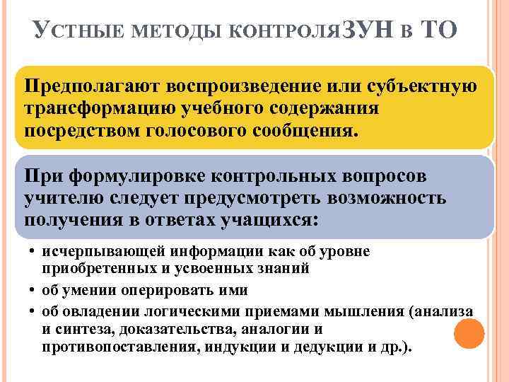 УСТНЫЕ МЕТОДЫ КОНТРОЛЯ ЗУН В ТО Предполагают воспроизведение или субъектную трансформацию учебного содержания посредством