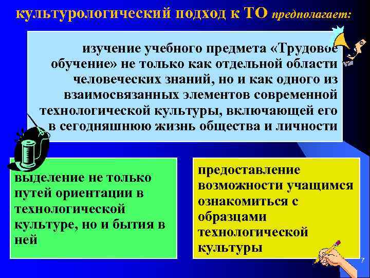 культурологический подход к ТО предполагает: изучение учебного предмета «Трудовое обучение» не только как отдельной