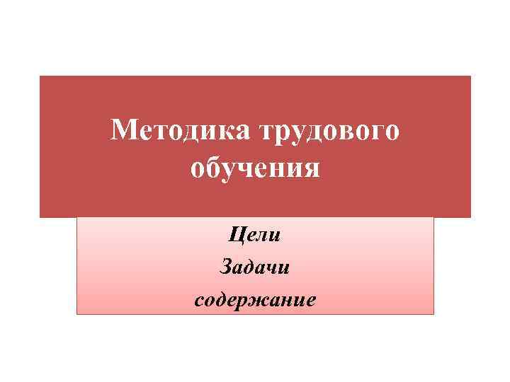 Методика трудового обучения Цели Задачи содержание 