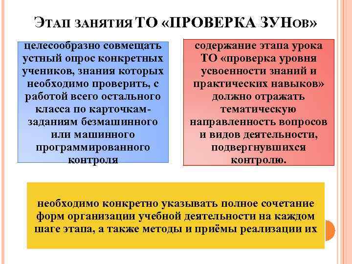 ЭТАП ЗАНЯТИЯ ТО «ПРОВЕРКА ЗУНОВ» целесообразно совмещать устный опрос конкретных учеников, знания которых необходимо