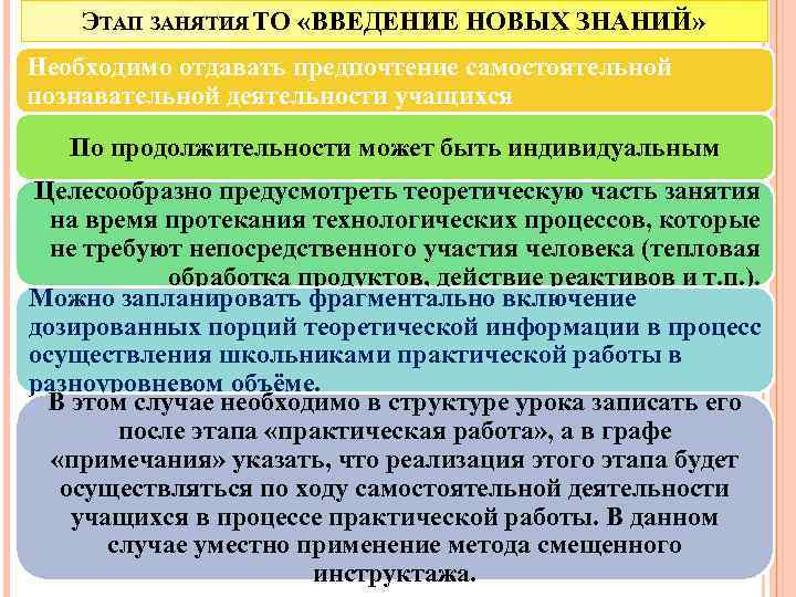 ЭТАП ЗАНЯТИЯ ТО «ВВЕДЕНИЕ НОВЫХ ЗНАНИЙ» Необходимо отдавать предпочтение самостоятельной познавательной деятельности учащихся По