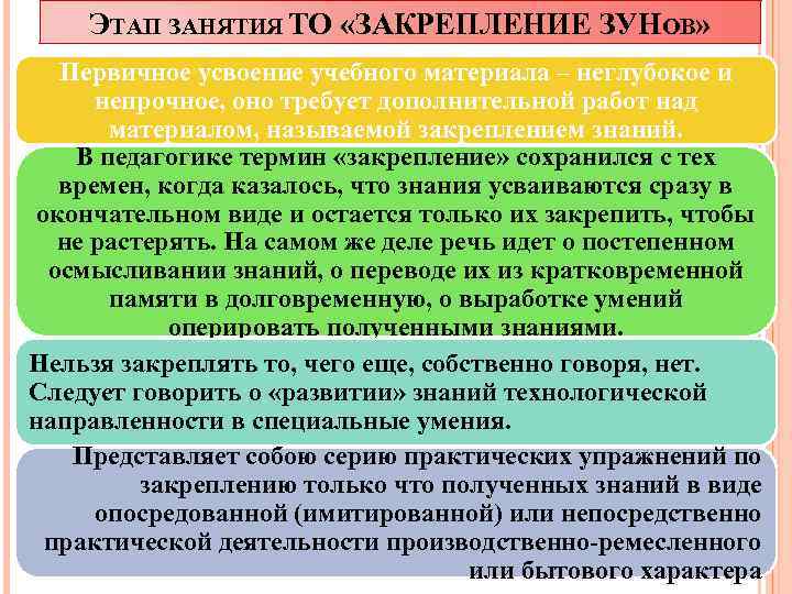 ЭТАП ЗАНЯТИЯ ТО «ЗАКРЕПЛЕНИЕ ЗУНОВ» Первичное усвоение учебного материала – неглубокое и непрочное, оно