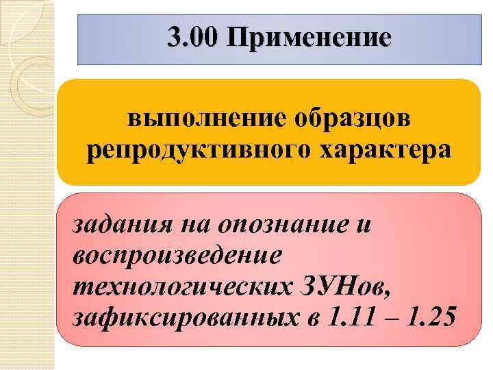 3. 00 Применение выполнение образцов репродуктивного характера задания на опознание и воспроизведение технологических ЗУНов,