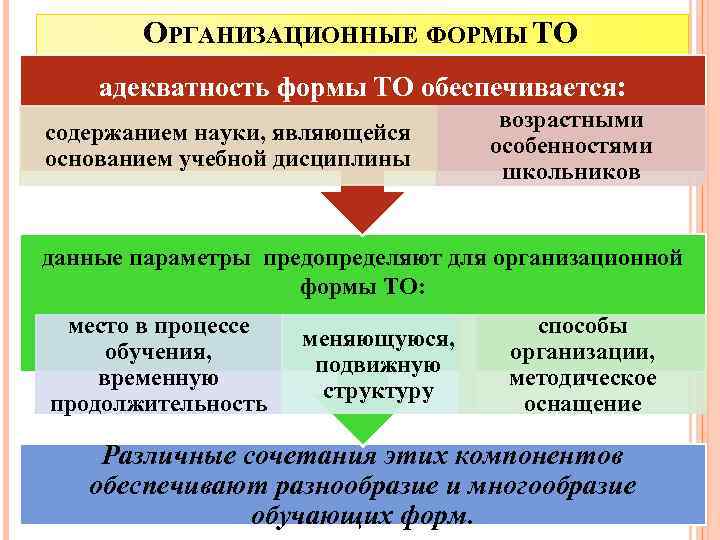 ОРГАНИЗАЦИОННЫЕ ФОРМЫ ТО адекватность формы ТО обеспечивается: содержанием науки, являющейся основанием учебной дисциплины возрастными