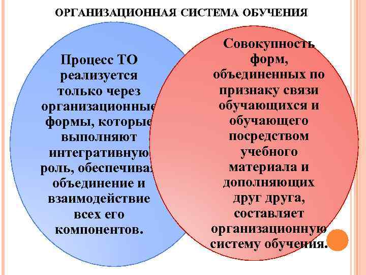 ОРГАНИЗАЦИОННАЯ СИСТЕМА ОБУЧЕНИЯ Процесс ТО реализуется только через организационные формы, которые выполняют интегративную роль,