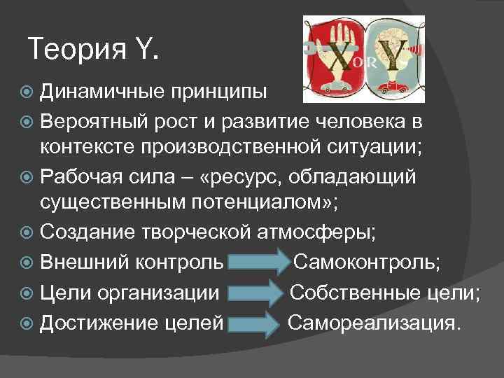 Теория Y. Динамичные принципы Вероятный рост и развитие человека в контексте производственной ситуации; Рабочая