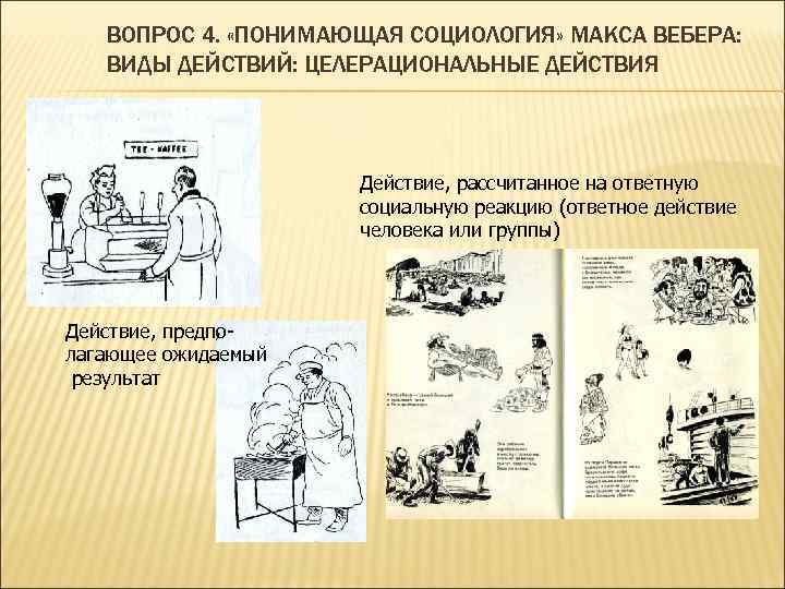 ВОПРОС 4. «ПОНИМАЮЩАЯ СОЦИОЛОГИЯ» МАКСА ВЕБЕРА: ВИДЫ ДЕЙСТВИЙ: ЦЕЛЕРАЦИОНАЛЬНЫЕ ДЕЙСТВИЯ Действие, рассчитанное на ответную