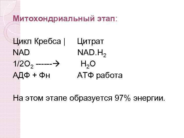 Митохондриальный этап: Цикл Кребса | NAD 1/2 O 2 ------ АДФ + Фн Цитрат