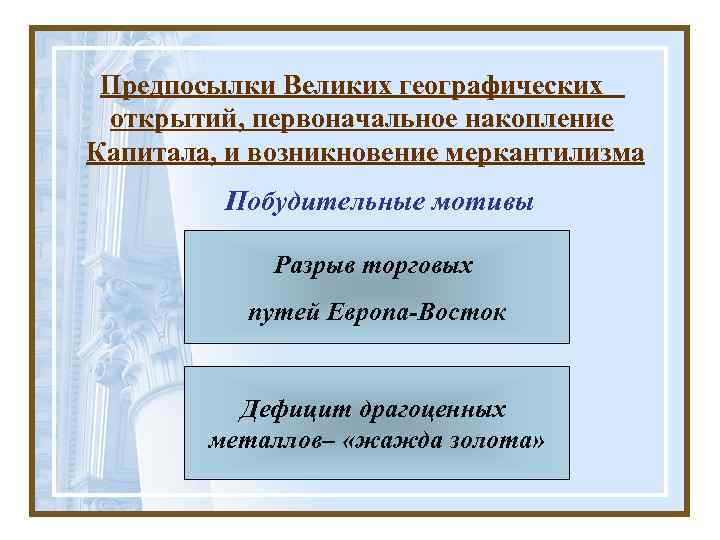 Предпосылки Великих географических открытий, первоначальное накопление Капитала, и возникновение меркантилизма Побудительные мотивы Разрыв торговых