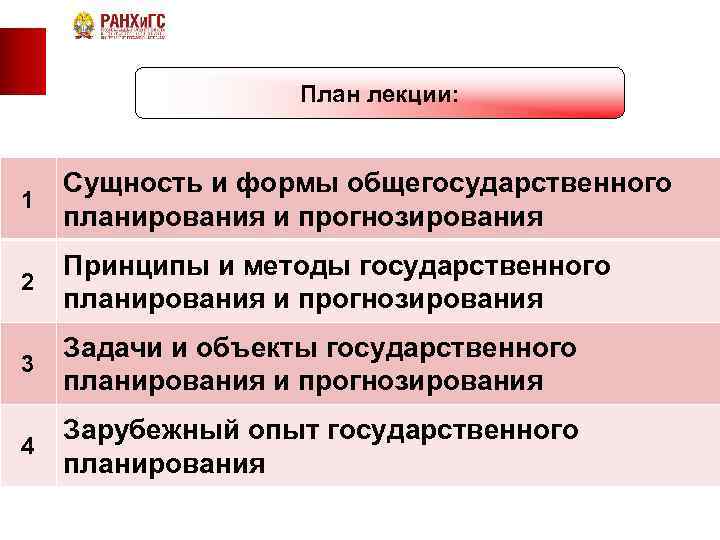 План лекции: 1 Сущность и формы общегосударственного планирования и прогнозирования 2 Принципы и методы