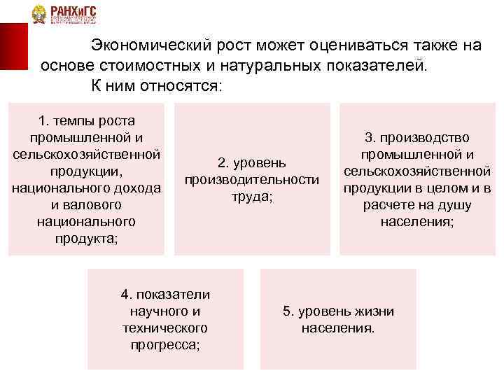 Экономический рост может оцениваться также на основе стоимостных и натуральных показателей. К ним относятся: