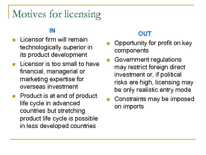 Motives for licensing n n n IN Licensor firm will remain technologically superior in