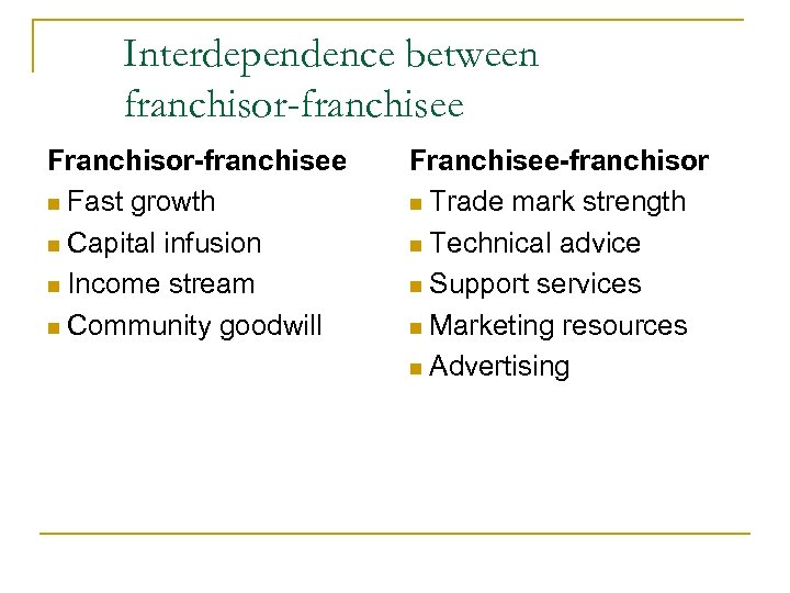 Interdependence between franchisor-franchisee Franchisor-franchisee n Fast growth n Capital infusion n Income stream n