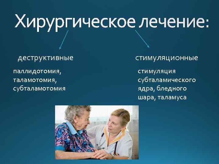 Хирургическое лечение: деструктивные паллидотомия, таламотомия, субталамотомия стимуляционные стимуляция субталамического ядра, бледного шара, таламуса 