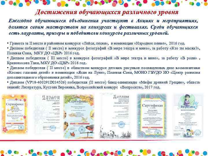 Достижения обучающихся различного уровня Ежегодно обучающиеся объединения участвуют в Акциях и мероприятиях, делятся своим