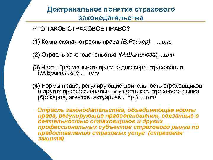 Доктринальное понятие страхового законодательства ЧТО ТАКОЕ СТРАХОВОЕ ПРАВО? (1) Комплексная отрасль права (В. Райхер).