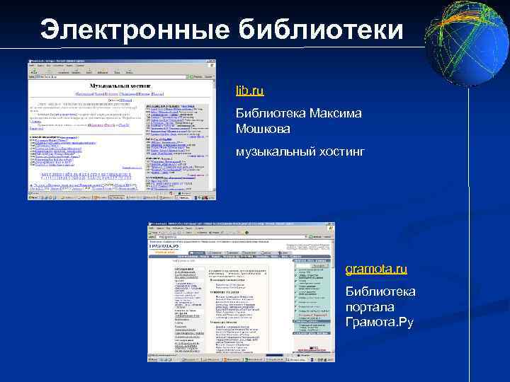 Электронные библиотеки lib. ru Библиотека Максима Мошкова музыкальный хостинг gramota. ru Библиотека портала Грамота.