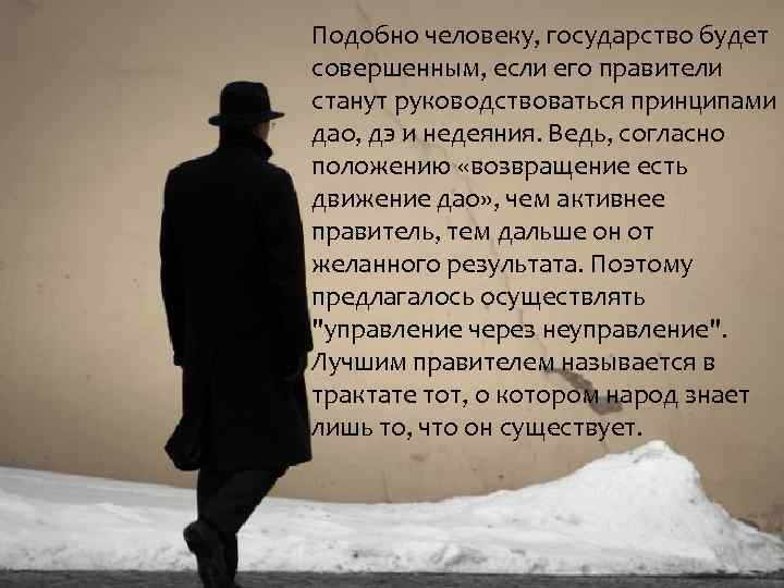 Подобно человеку, государство будет совершенным, если его правители станут руководствоваться принципами дао, дэ и