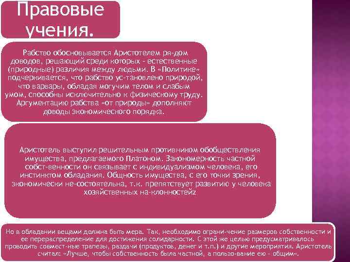Правовые учения. Рабство обосновывается Аристотелем ря дом доводов, решающий среди которых - естественные (природные)