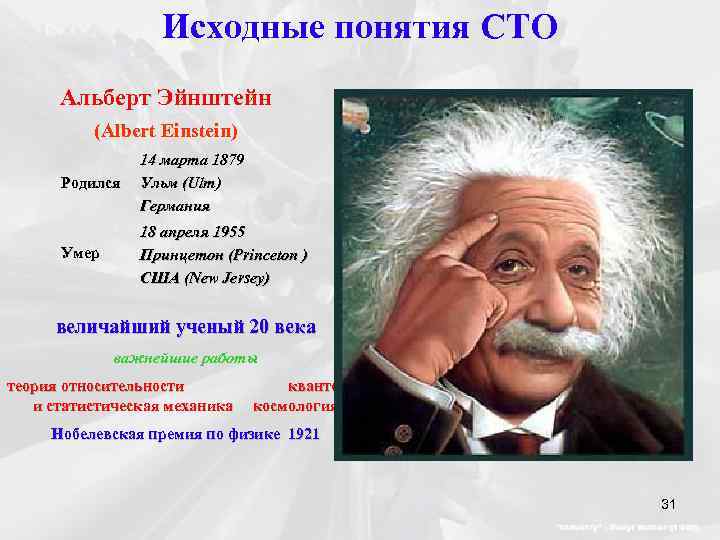 Исходные понятия СТО Альберт Эйнштейн (Albert Einstein) Родился 14 марта 1879 Ульм (Ulm) Германия