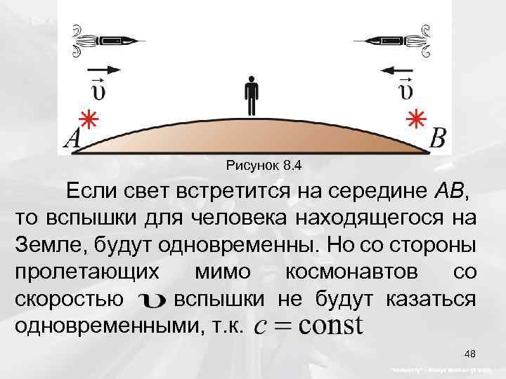 Рисунок 8. 4 Если свет встретится на середине АВ, то вспышки для человека находящегося