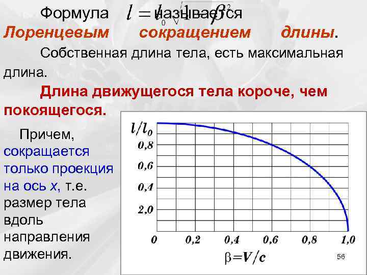 Формула Лоренцевым называется сокращением длины. Собственная длина тела, есть максимальная длина. Длина движущегося тела